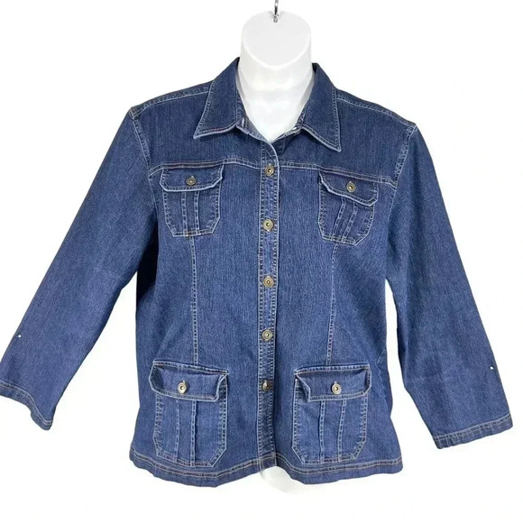 Vintage Erika Womens XL Stretch Fit Denim Jean Jacket Coat  Button Up 4 Pocket - Picture 1 of 16